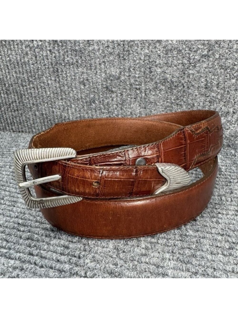 Tony Lama Belt Mens 42 Brown Scale Leather 7497L Silver Tone Buckle Vintage 90s